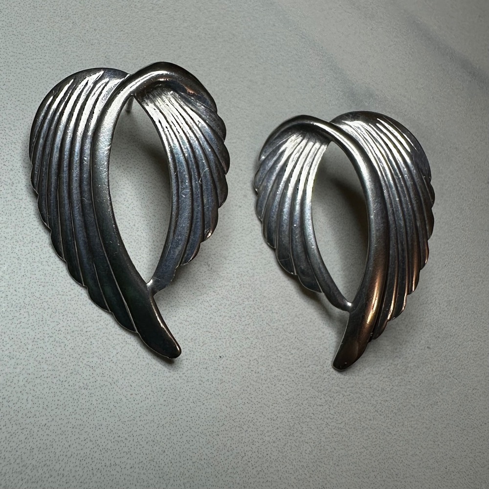 Vintage T.O.B. 925 Sterling Silver Wing Earrings Angel‎ Feather Statement